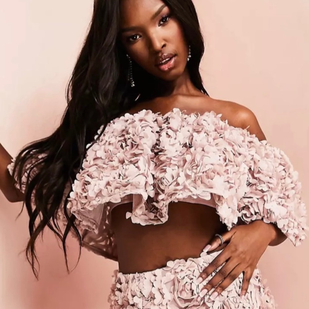 ASOS LUXE 3D lace ruffle bardot crop top in mink pink size 6 nwot